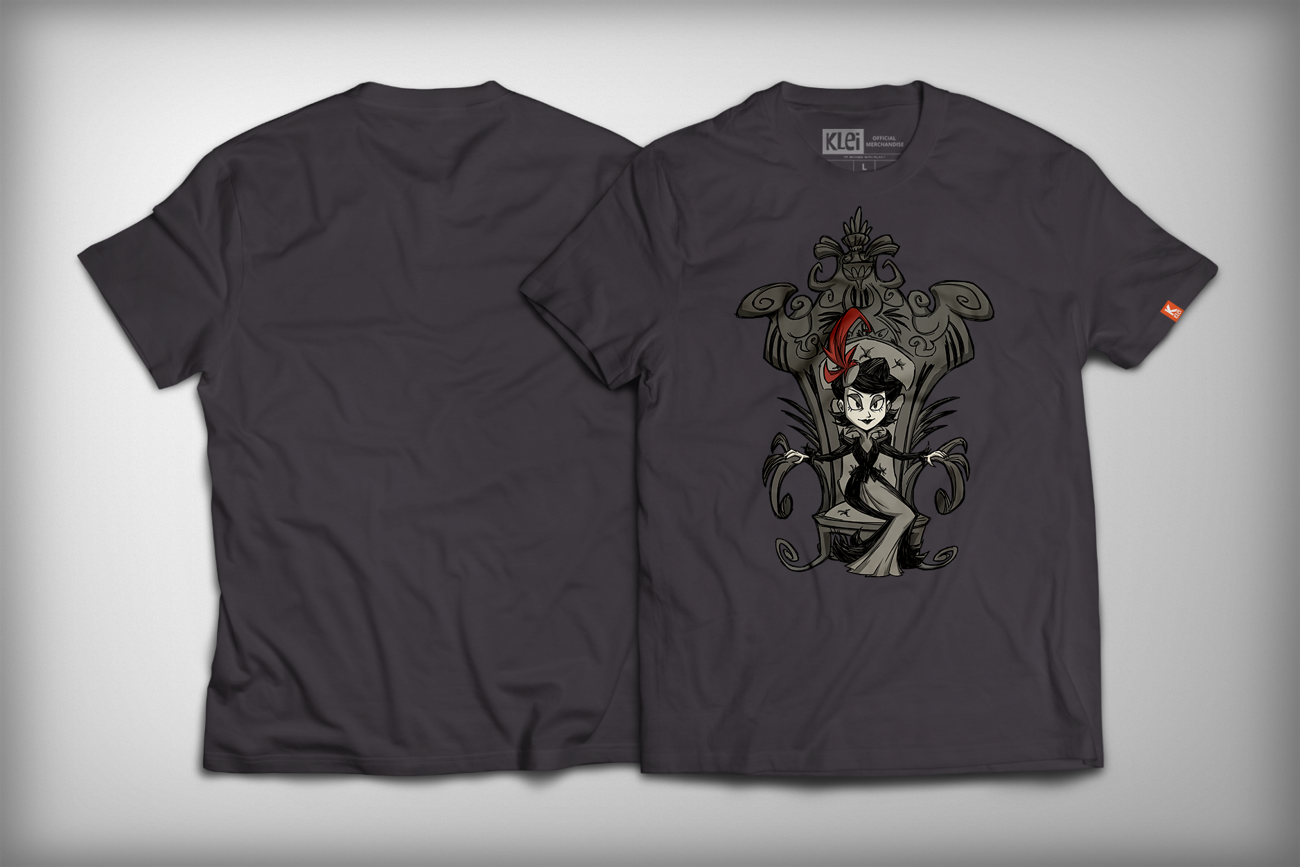 Charlie on her Throne Shirt in Graphite Black Front and Back view