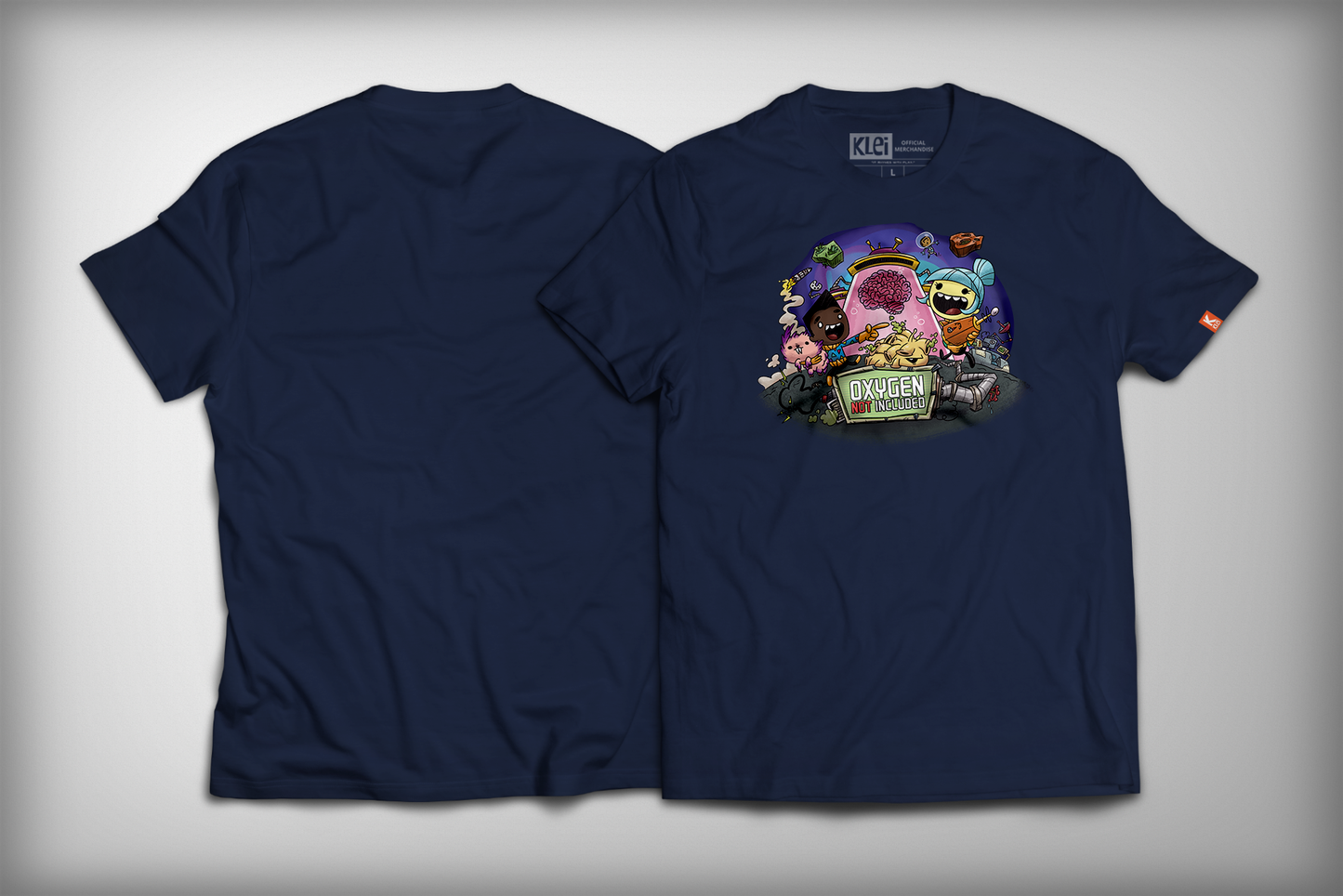 Oxygen Not Included Brain Shirt Navy Front and Back