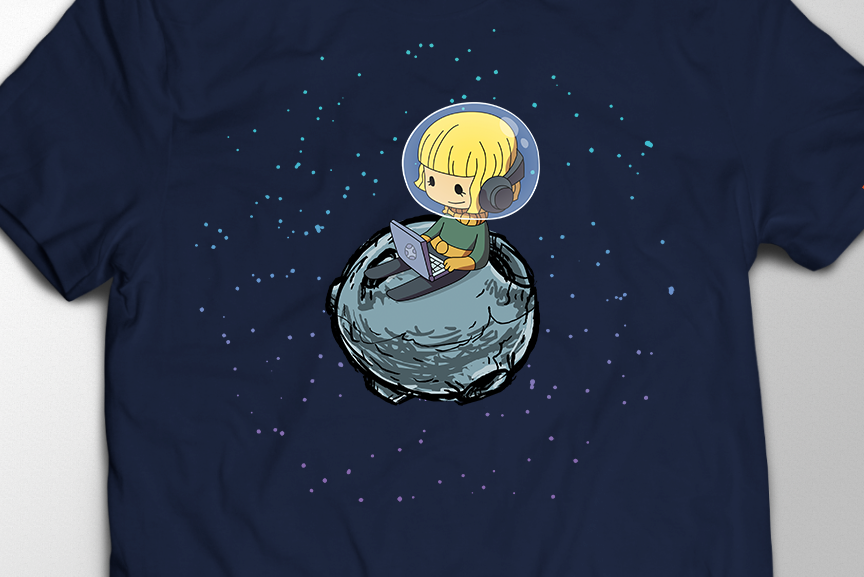 Oxygen Not Included Shirt Ellie in Space Navy Close Up